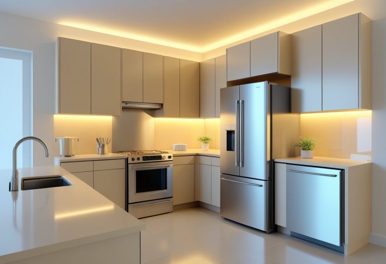 Minimalist Beige Kitchen with Marble Island & Warm Lighting 2025
