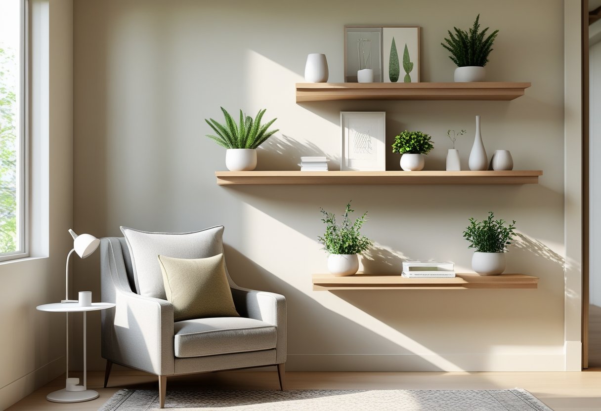 A corner of a living room with floating wooden shelves on the wall, decorated with plants, books, and vases, next to an armchair and side table.