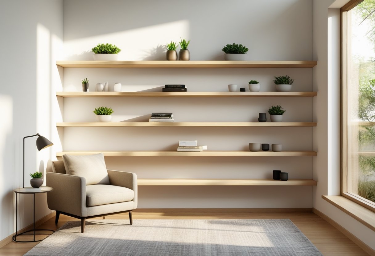 A corner of a living room with floating wooden shelves on the wall, an armchair, a side table, and a rug on the floor.