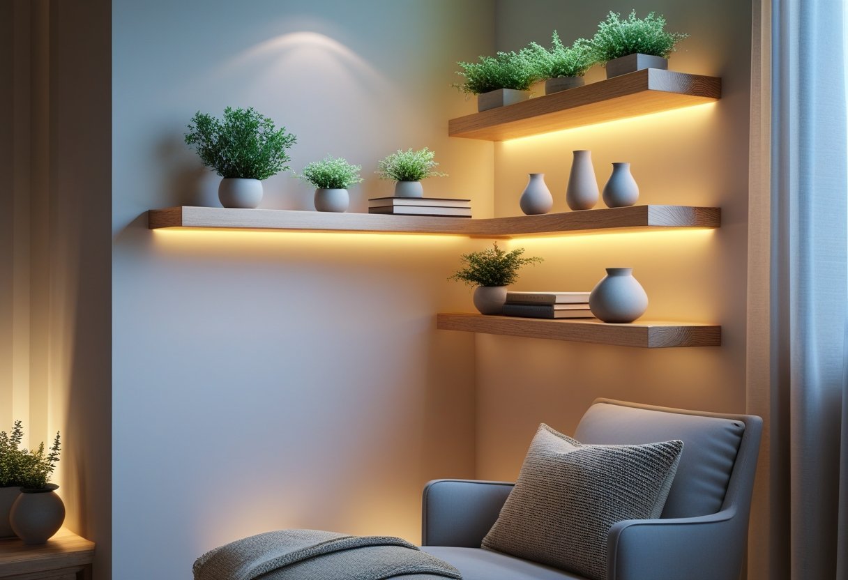 A corner of a living room with wooden floating shelves holding plants and decorative items, lit by warm lighting.