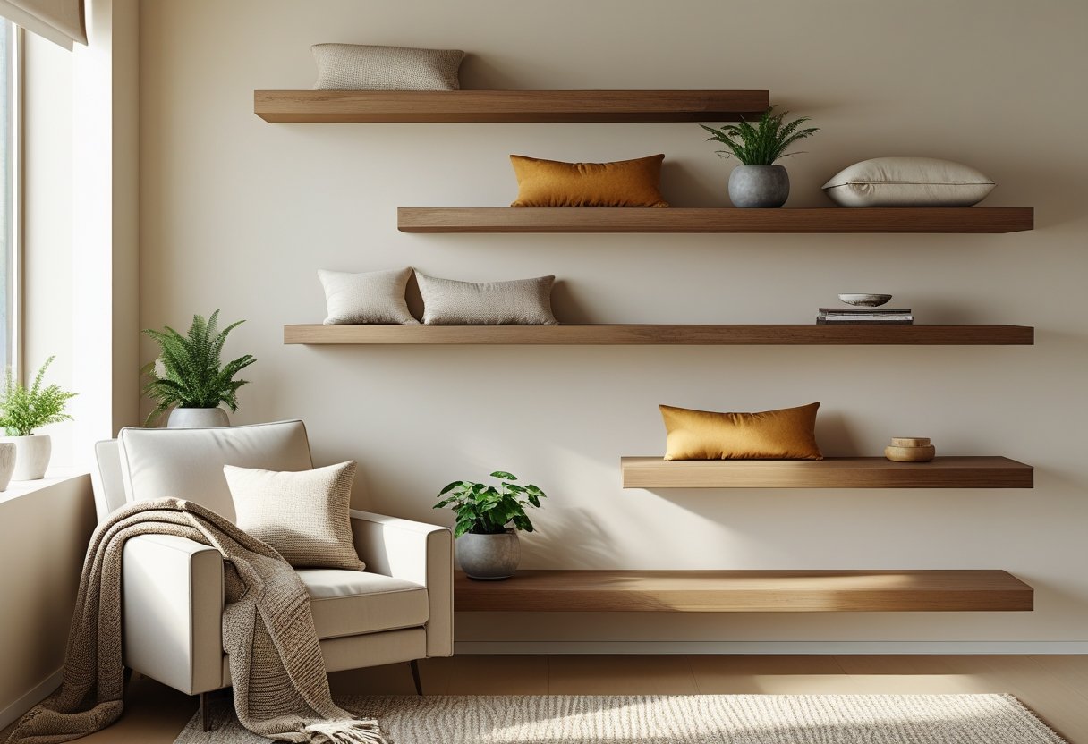A corner of a living room with floating wooden shelves, an armchair with cushions and a throw blanket, a small plant, and a rug on the floor.