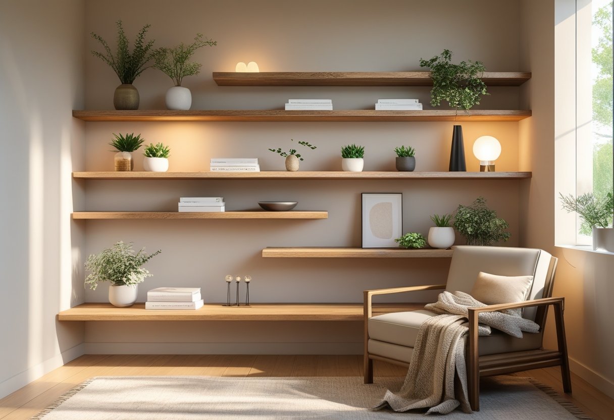 A corner of a living room with floating wooden shelves displaying plants and decorative items, a comfortable armchair, and a small side table with a lamp.