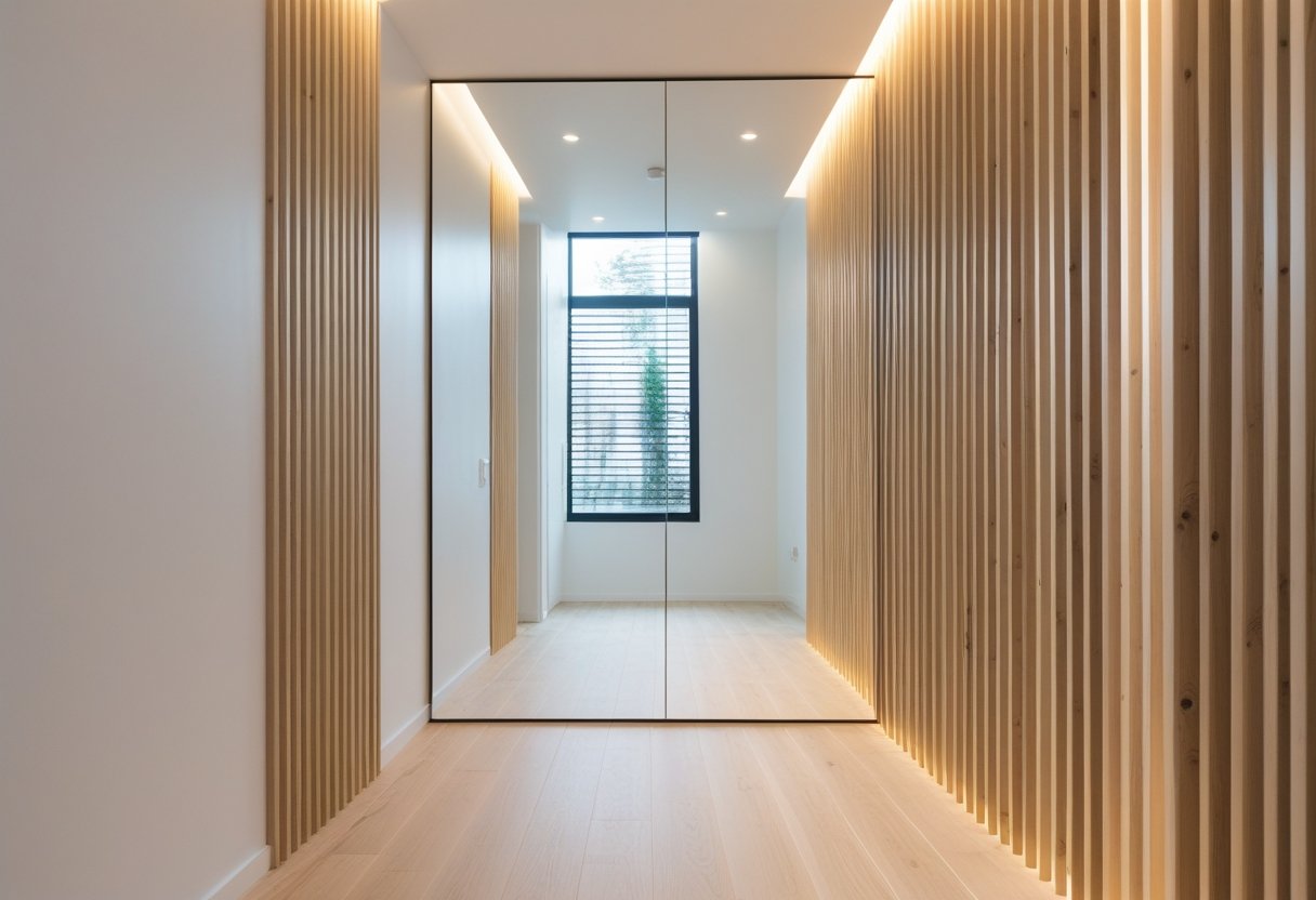A small narrow room with a large wall mirror and vertical wood slats on the wall, creating a bright and open interior space.