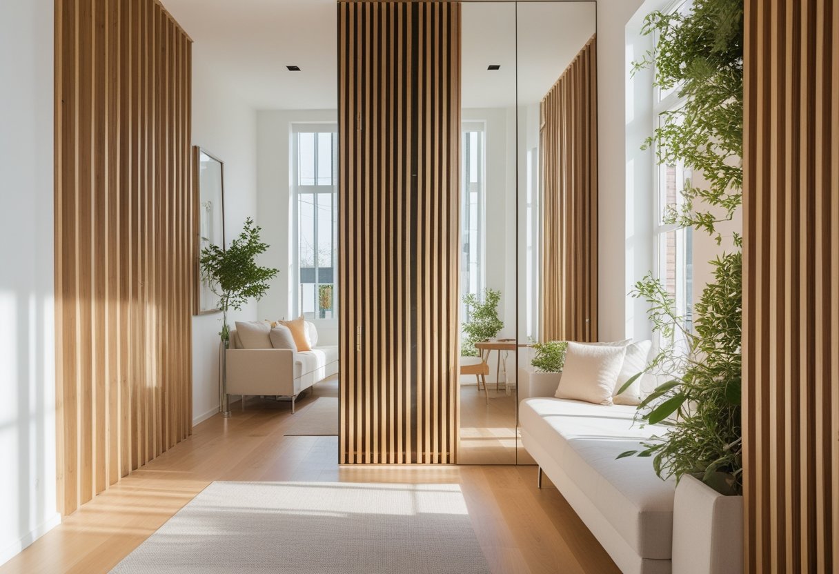 A small interior space with a large wall mirror and vertical wood slats on the wall, creating a sense of openness and depth.