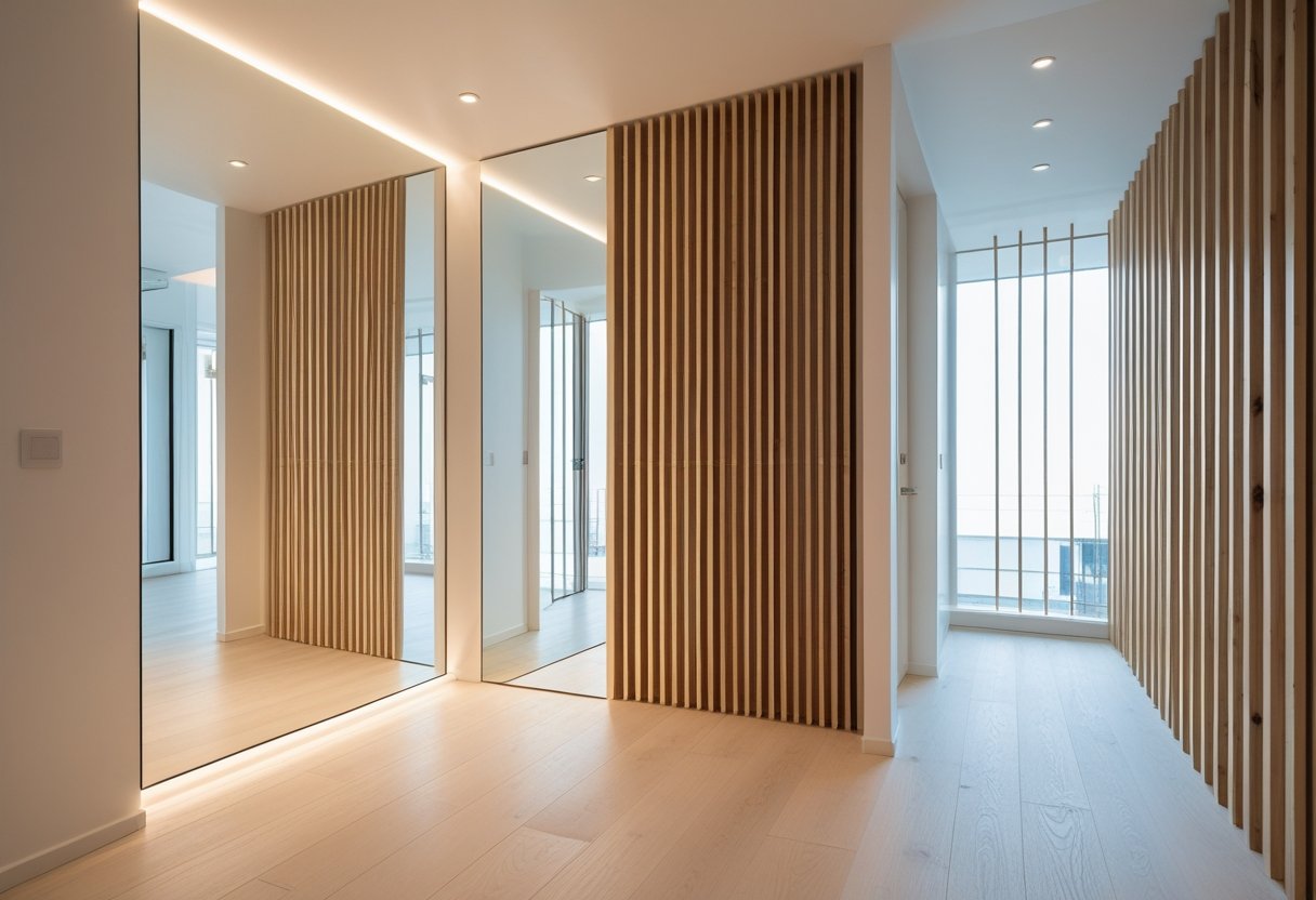 A narrow hallway with a large wall mirror and vertical wooden slats on the wall.
