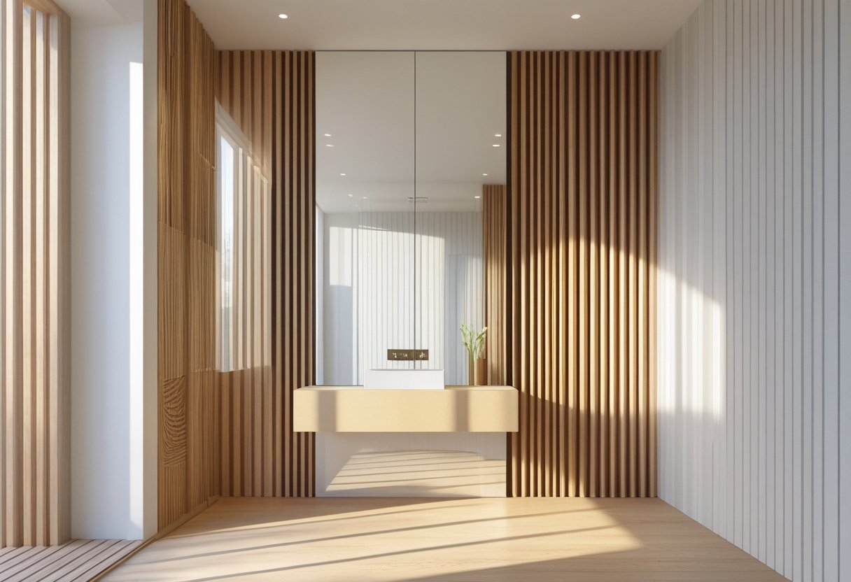 A small modern room with a large wall mirror and vertical wooden slats on the adjacent wall.