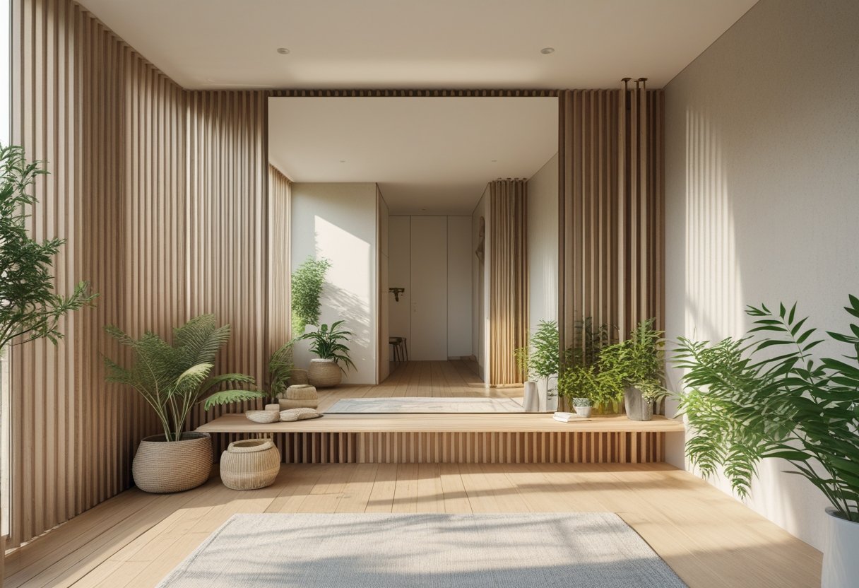 A small interior room with a large wall mirror and vertical wooden slats, featuring natural light and plants.