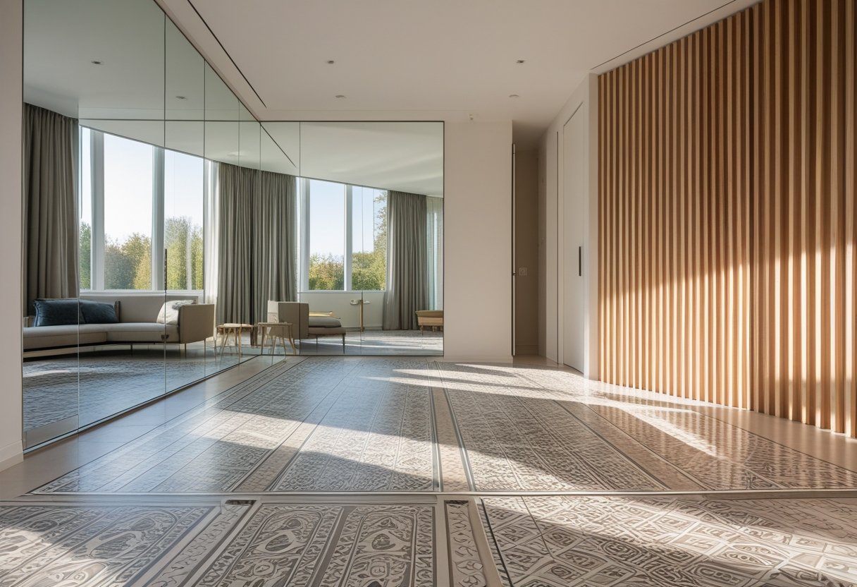 A modern interior room with patterned flooring, a large mirror on the wall, and vertical wood slats as a decorative feature.