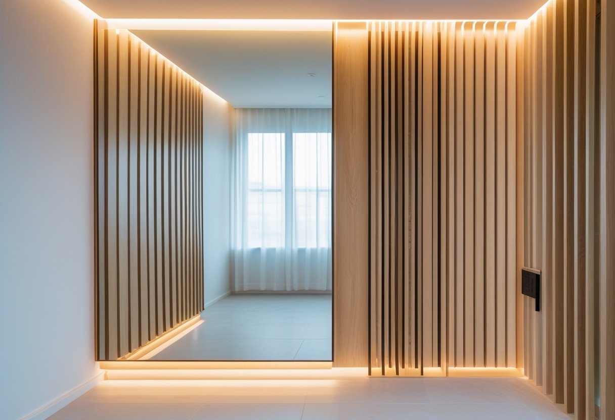 A small, narrow room with a large wall mirror and vertical wooden slats on the wall, creating an open and clean space.