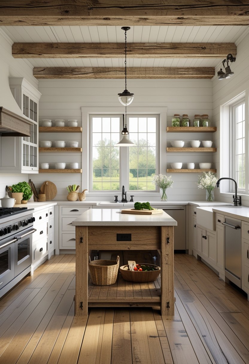 A spacious kitchen with wooden beams, a central wooden island, white cabinets, large windows, and stainless steel appliances.
