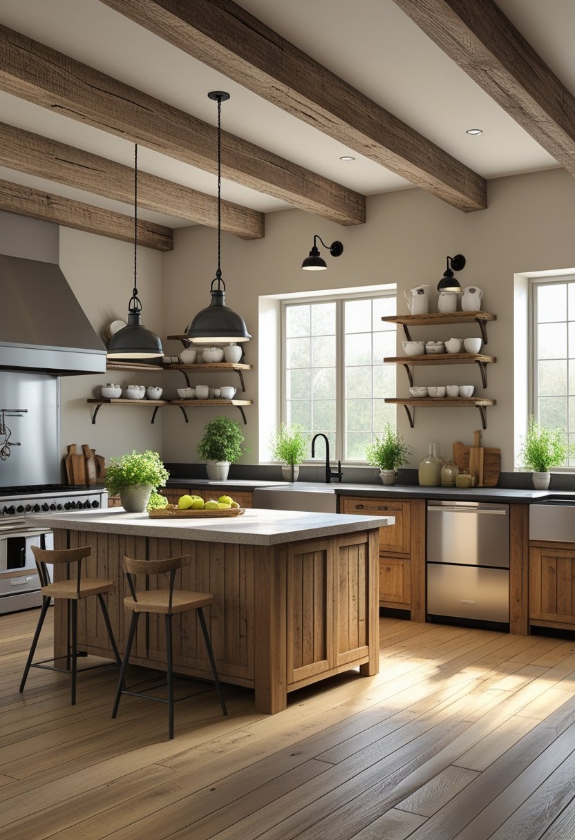 A bright kitchen with wooden beams, a large island, stainless steel appliances, wooden cabinets, and a dining table with chairs.