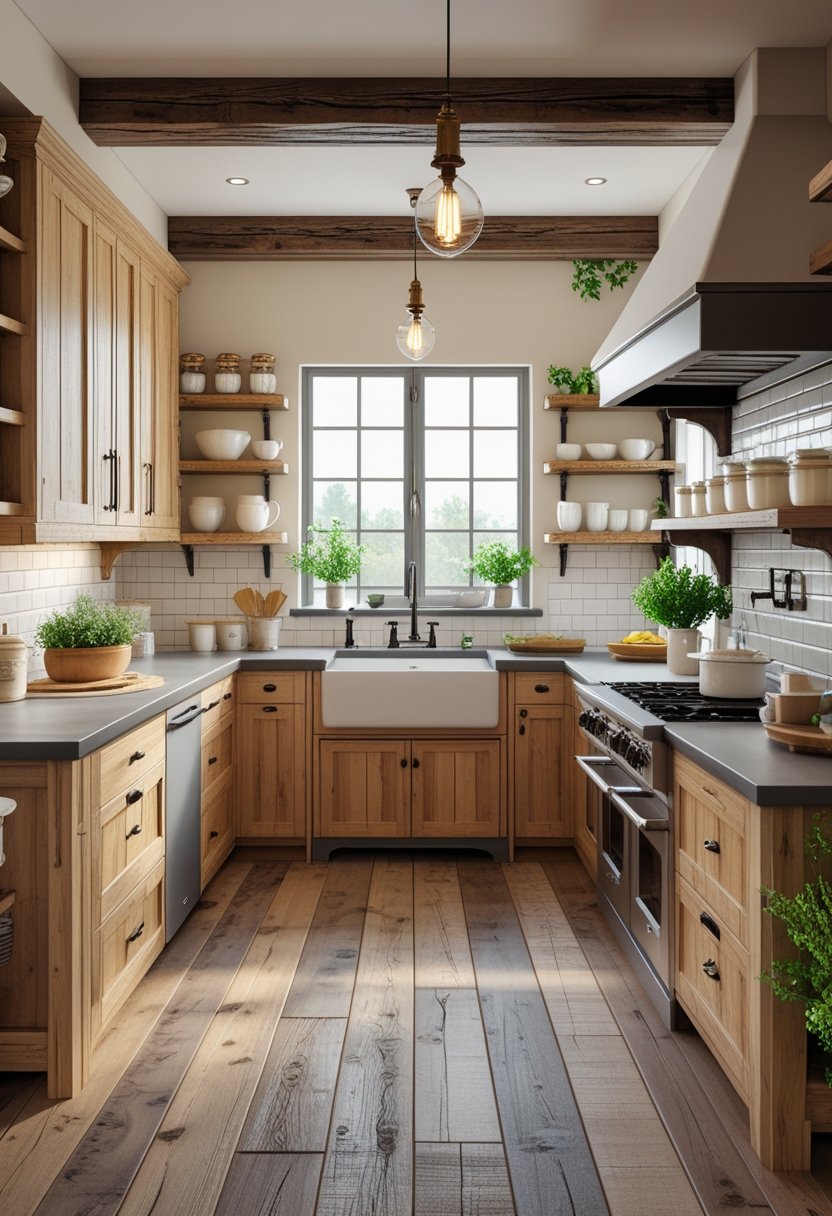 A spacious kitchen with wooden cabinets, a farmhouse sink, open shelves, and a central island with pendant lights, filled with natural light and plants.