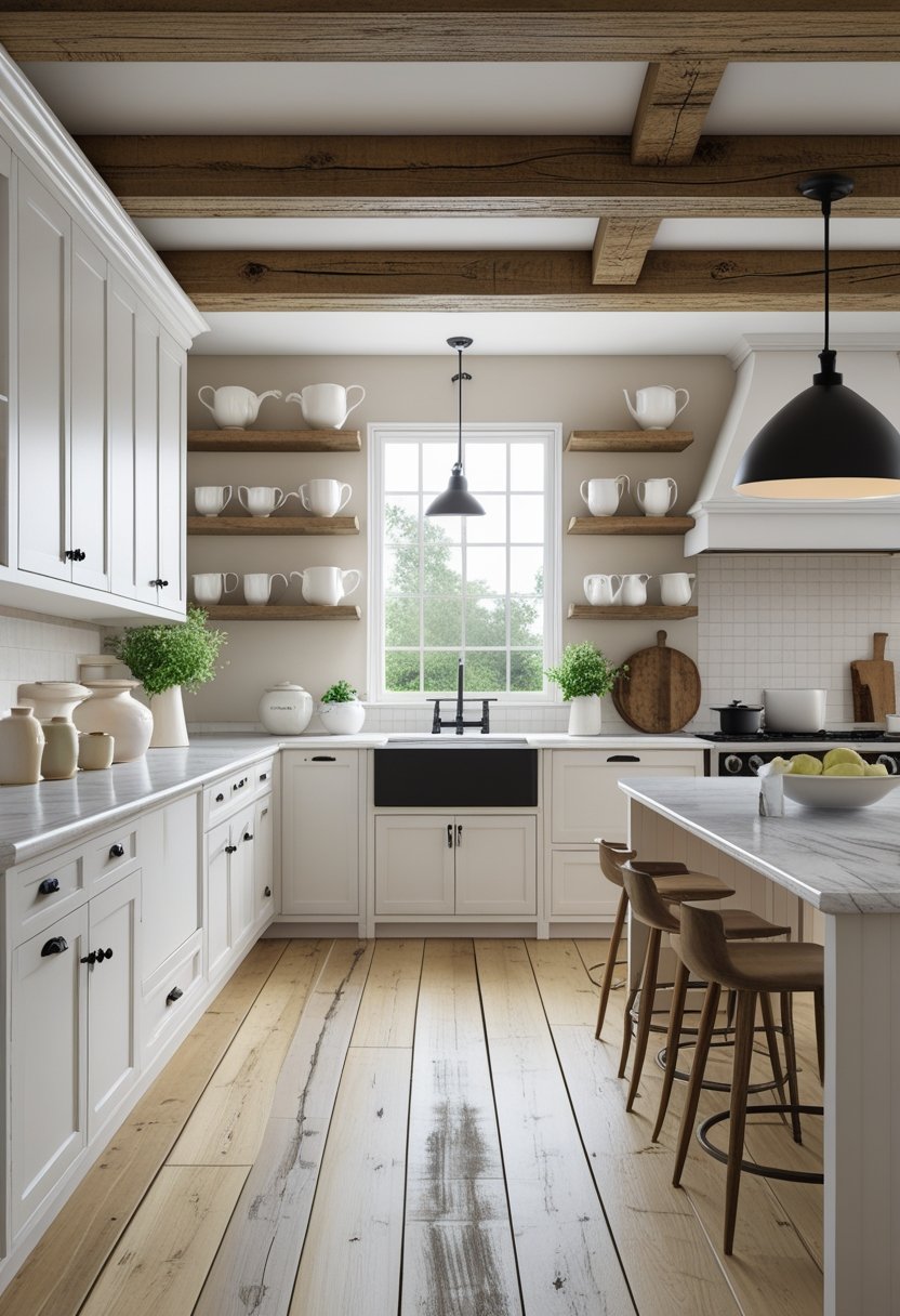 A bright kitchen with wooden beams, white cabinets, a large island with stools, wooden floors, and a dining table in the background.