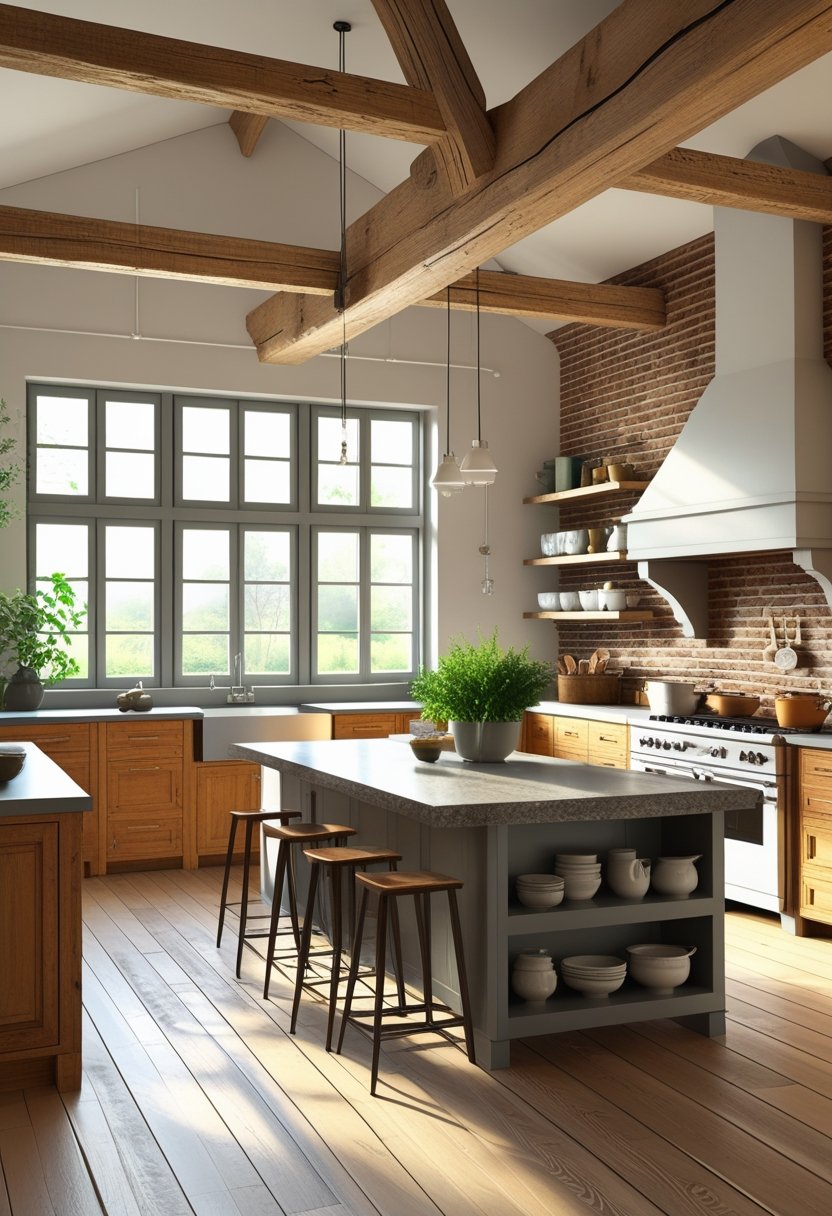 A spacious kitchen with wooden cabinets, a central island, stainless steel appliances, and large windows letting in natural light.