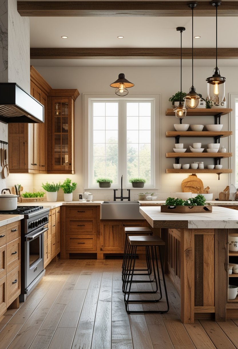 A bright and spacious kitchen with wooden cabinets, a large island, modern appliances, and natural light coming through big windows.