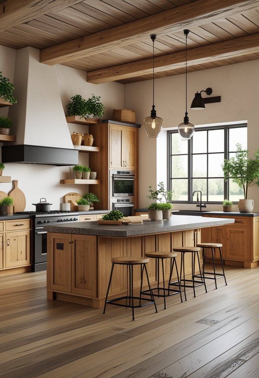 A spacious kitchen with wooden cabinets, a large island, bar stools, exposed ceiling beams, and a window letting in natural light.