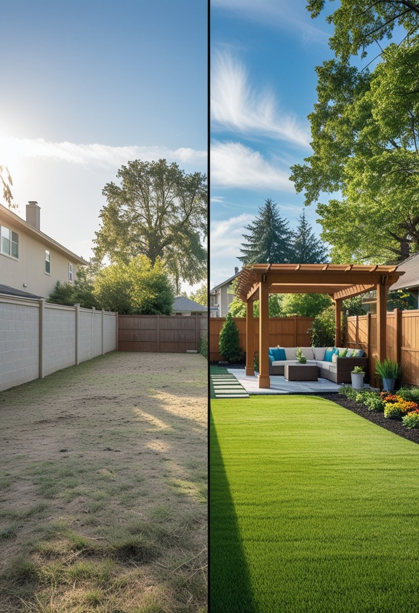 Split-screen view of a residential yard showing a plain, undeveloped yard on one side and a landscaped yard with a wooden pergola and outdoor furniture on the other.