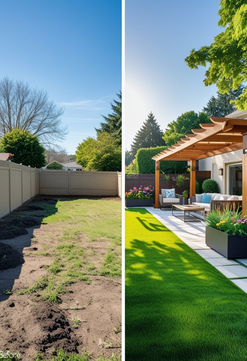 A split image showing a plain backyard on the left and a redesigned outdoor space with a pergola, green lawn, and seating area on the right.