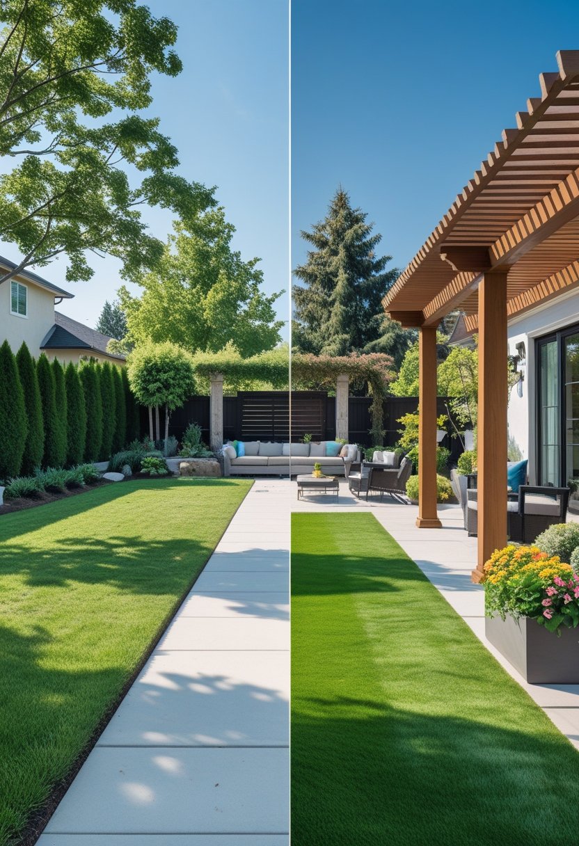 A side-by-side view of a yard showing a plain lawn on one side and a transformed outdoor space with a green lawn, wooden pergola, seating area, and plants on the other side.