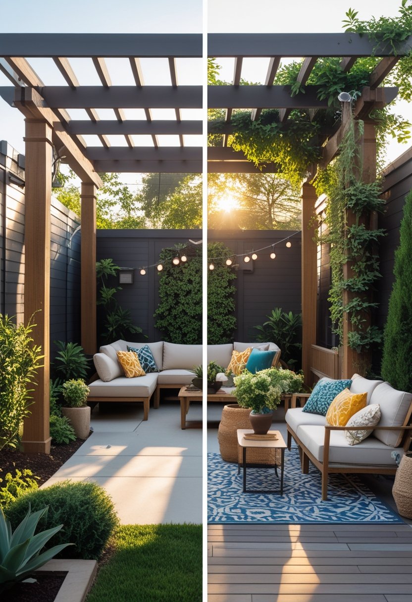 A backyard showing a before and after view of an outdoor living room with a pergola, seating area, and plants.
