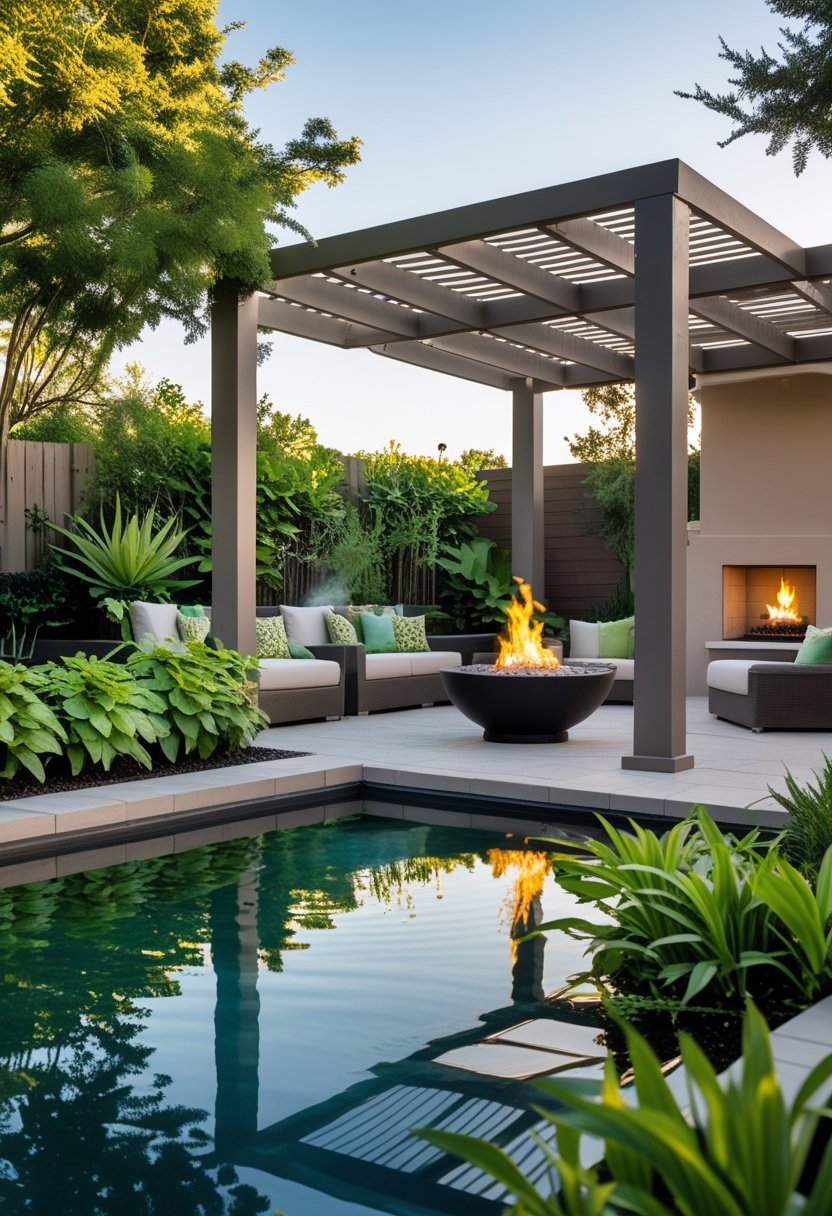 An outdoor space with a pergola, green plants, a water feature, and a fire pit with seating.
