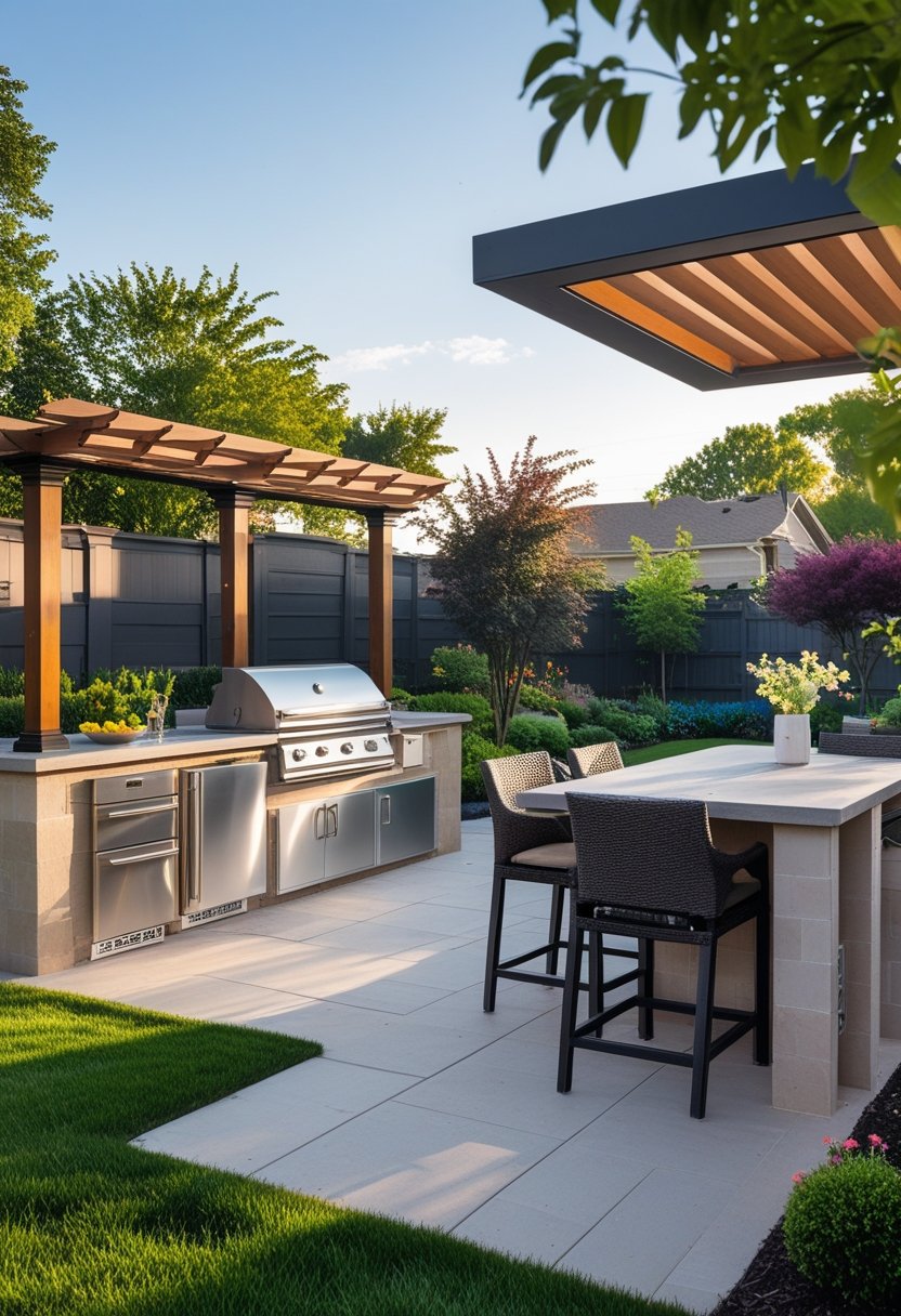 Outdoor kitchen and dining area under a wooden pergola in a well-maintained backyard with green grass and flowering plants.