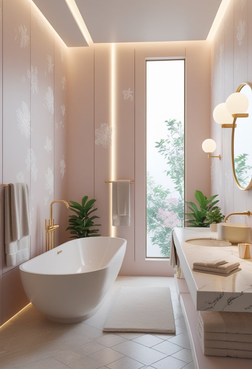 A bathroom with a freestanding bathtub, a large vertical window, a vanity with a round mirror, plants, and soft lighting.