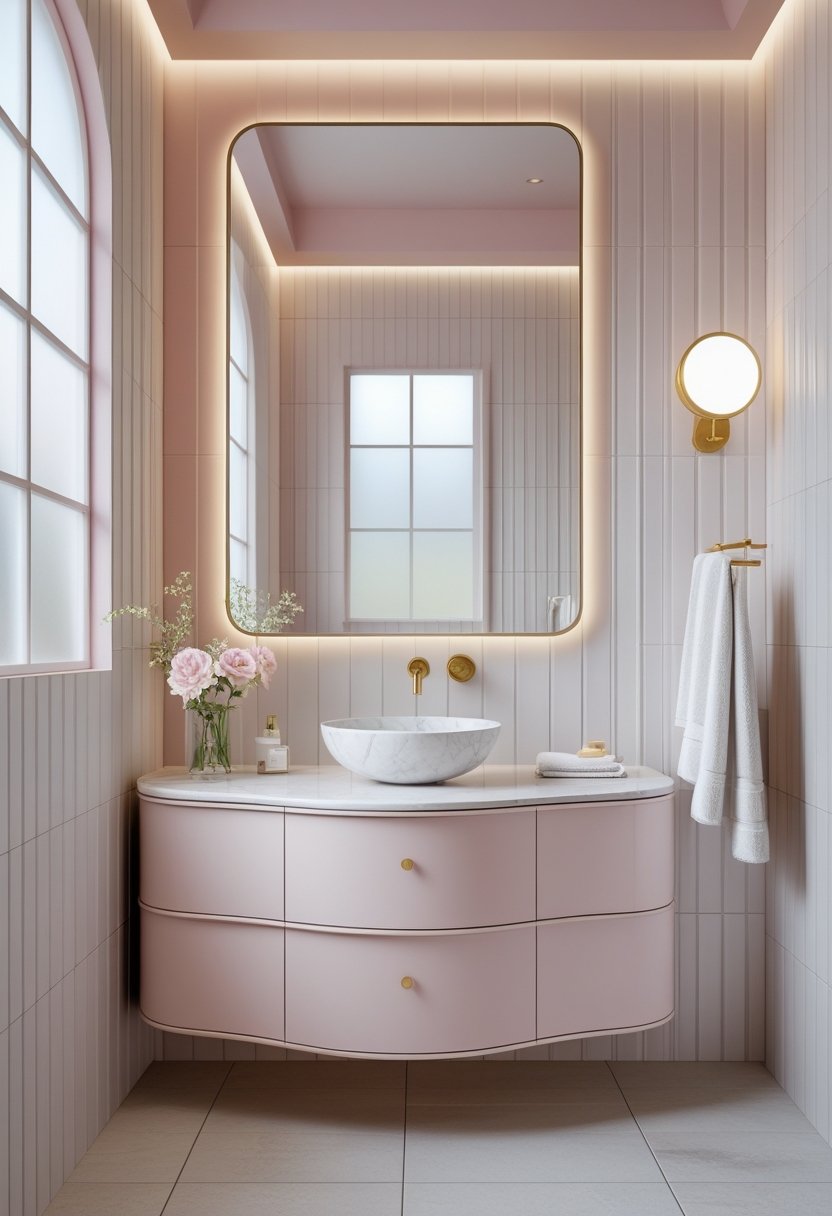 A bathroom with a vanity, sink, mirror, tiled walls, and soft lighting.