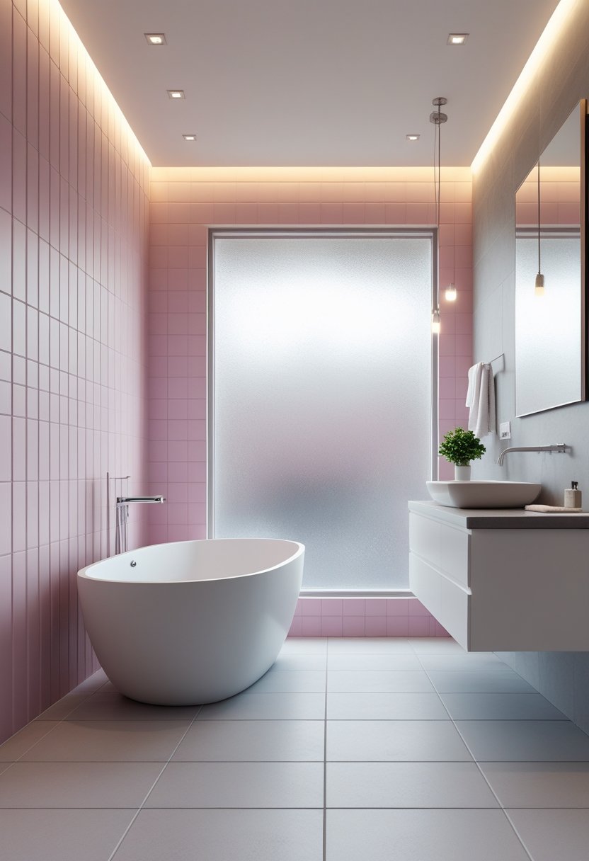 A bathroom with a freestanding bathtub, vertical pink tiles on one wall, a floating vanity with a sink, and soft natural lighting.