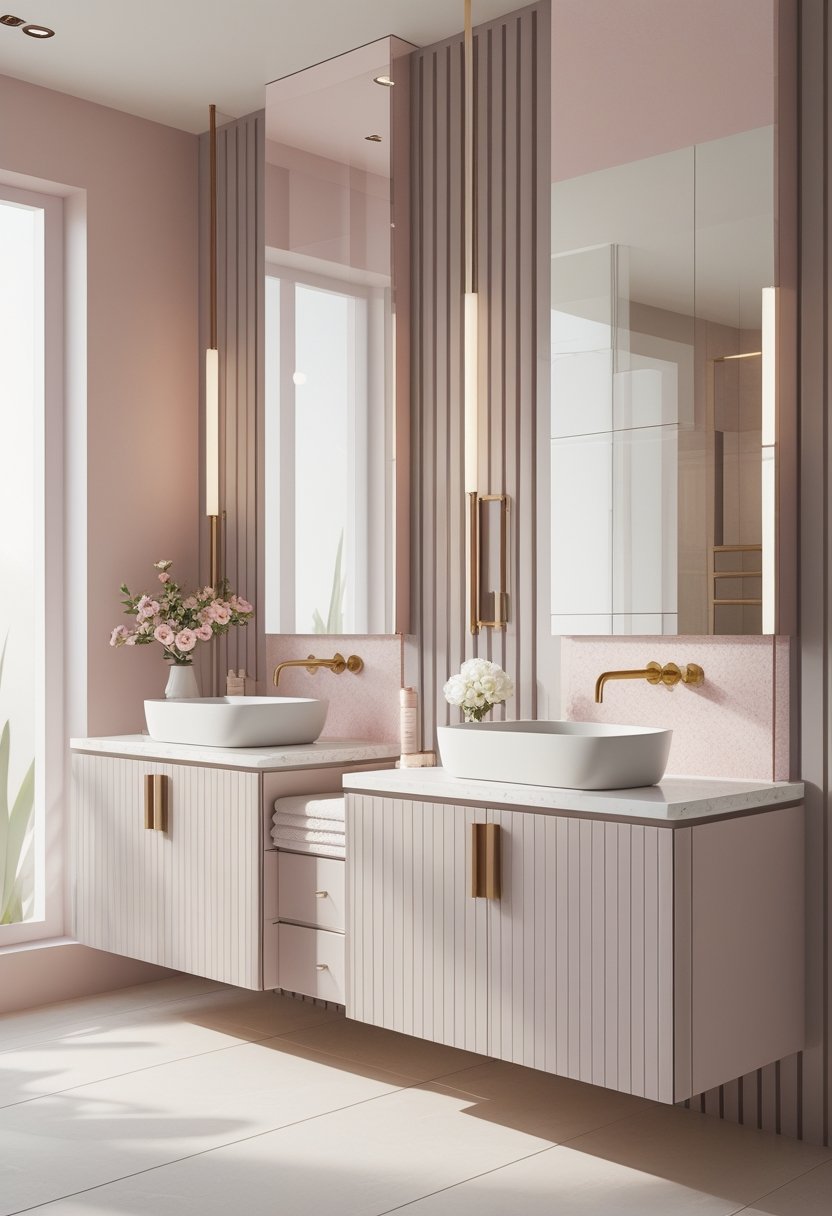 A modern bathroom with tall vanities and white sinks, soft lighting, a large mirror, and decorative flowers on the countertop.