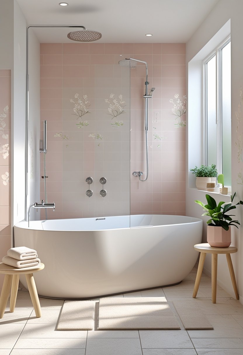 A bathroom with a glass-enclosed shower and a freestanding bathtub, soft pastel tiles, natural light, and simple decor.