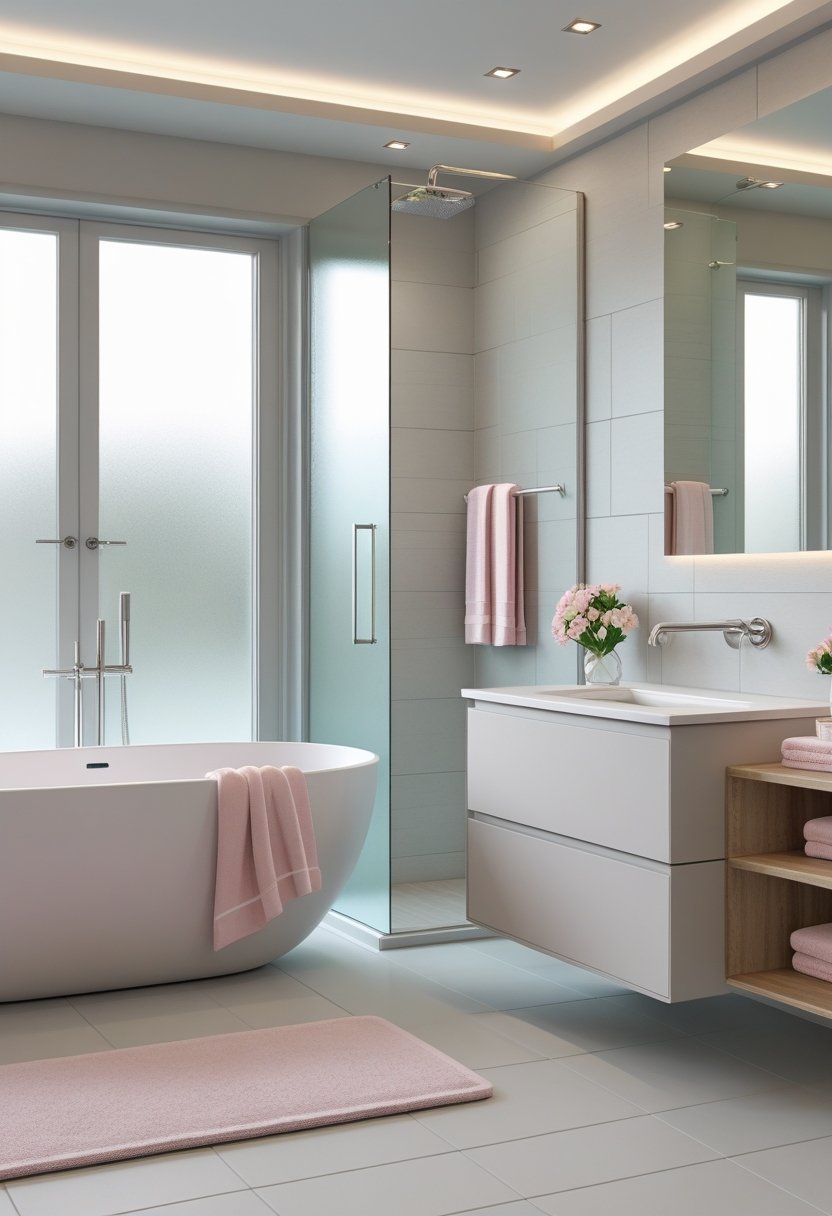 A modern bathroom with a freestanding bathtub, a vanity with sink and faucet, glass shower enclosure, pastel pink towels, flowers, and soft lighting.