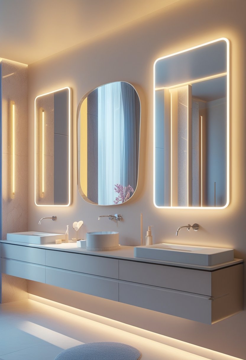A modern bathroom with vertical mirrors, warm lighting, and a clean vanity area.