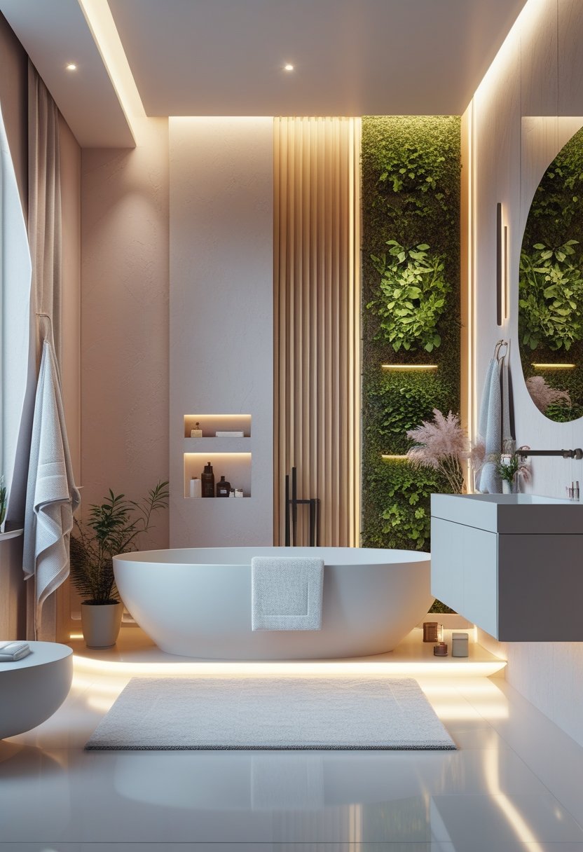 A modern bathroom with a freestanding bathtub, vanity with mirror, vertical wall feature, plants, and soft lighting.