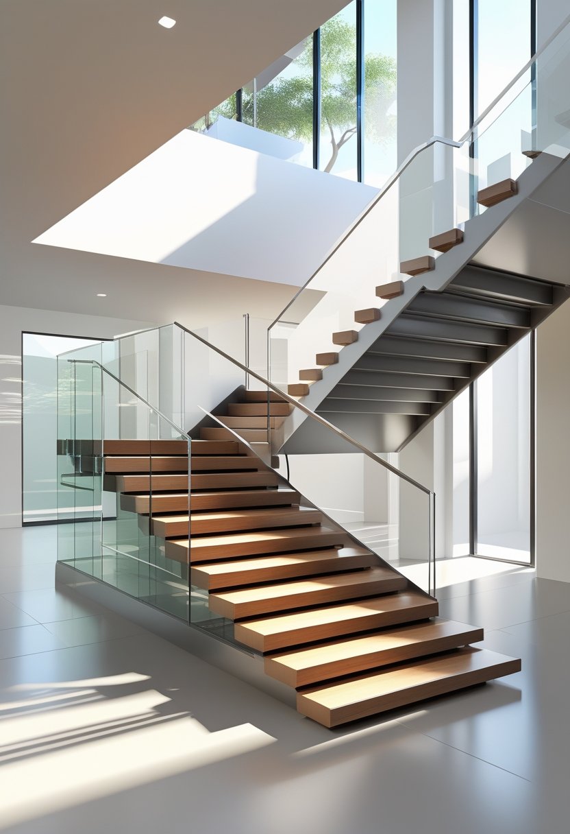 A modern staircase with angular steps and glass railings inside a bright, spacious room.