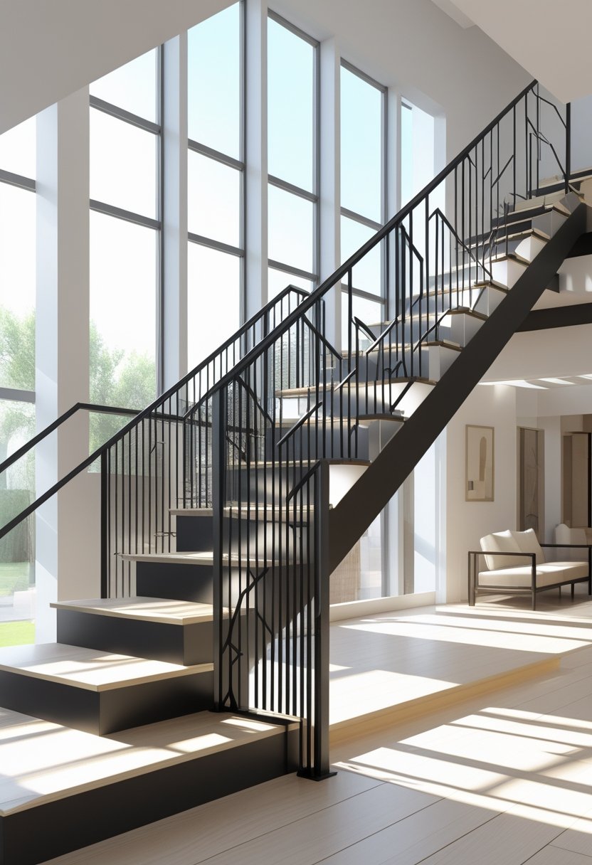 A modern staircase with wooden steps and black geometric metal railings inside a bright room with large windows.