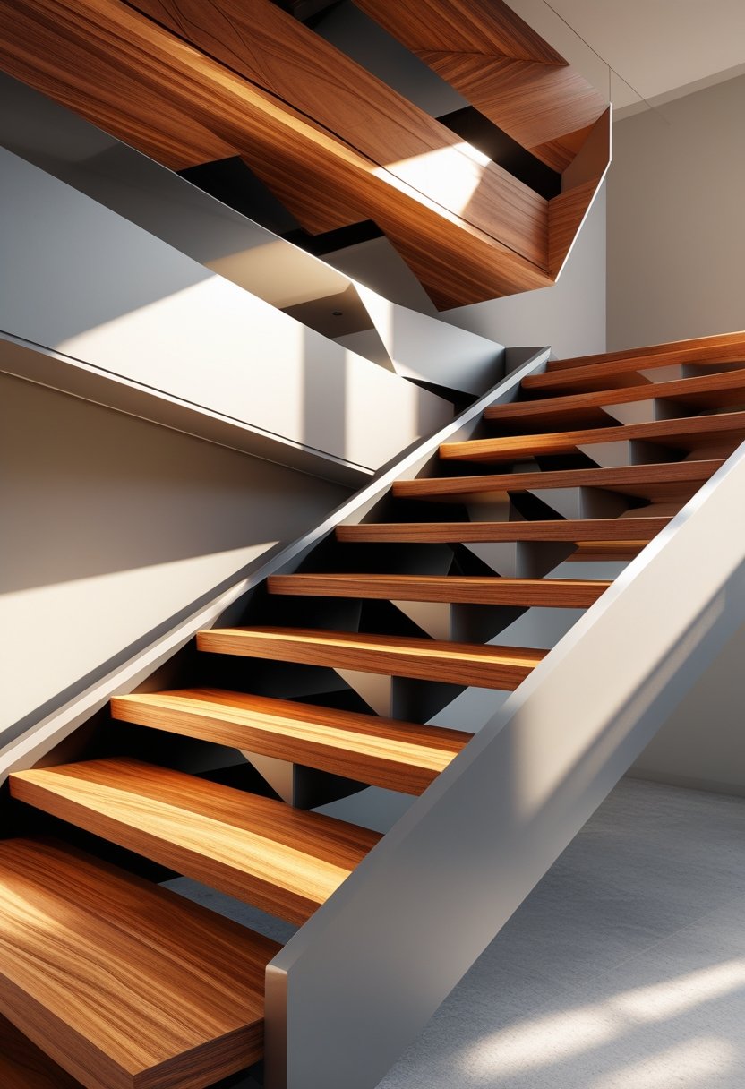 A modern staircase with wooden steps and geometric design in a minimalistic interior.