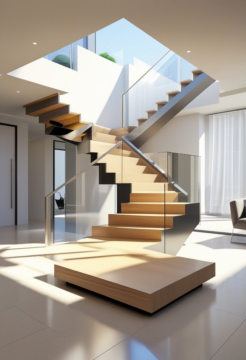 A modern indoor staircase with wooden steps, metal railings, and glass panels in a bright, spacious room.