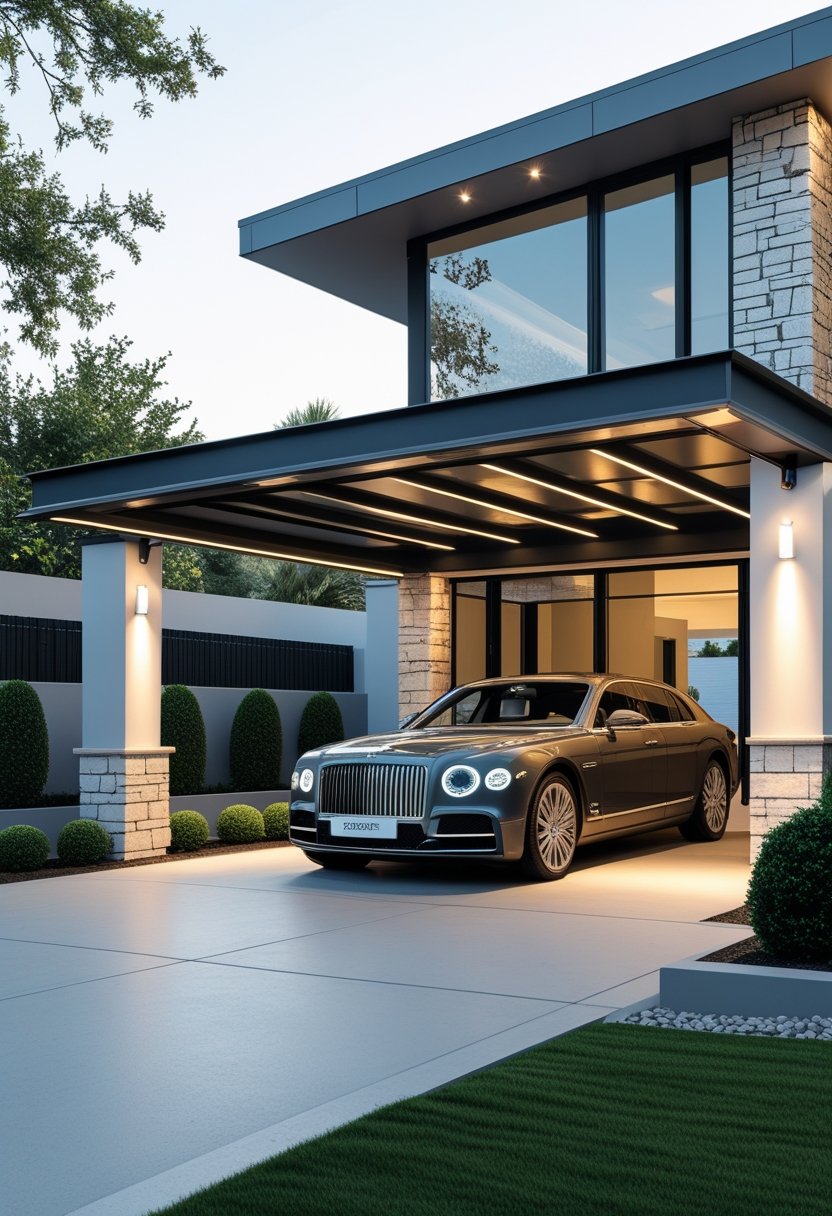 A modern carport attached to a house with a car parked underneath and surrounding landscaping.