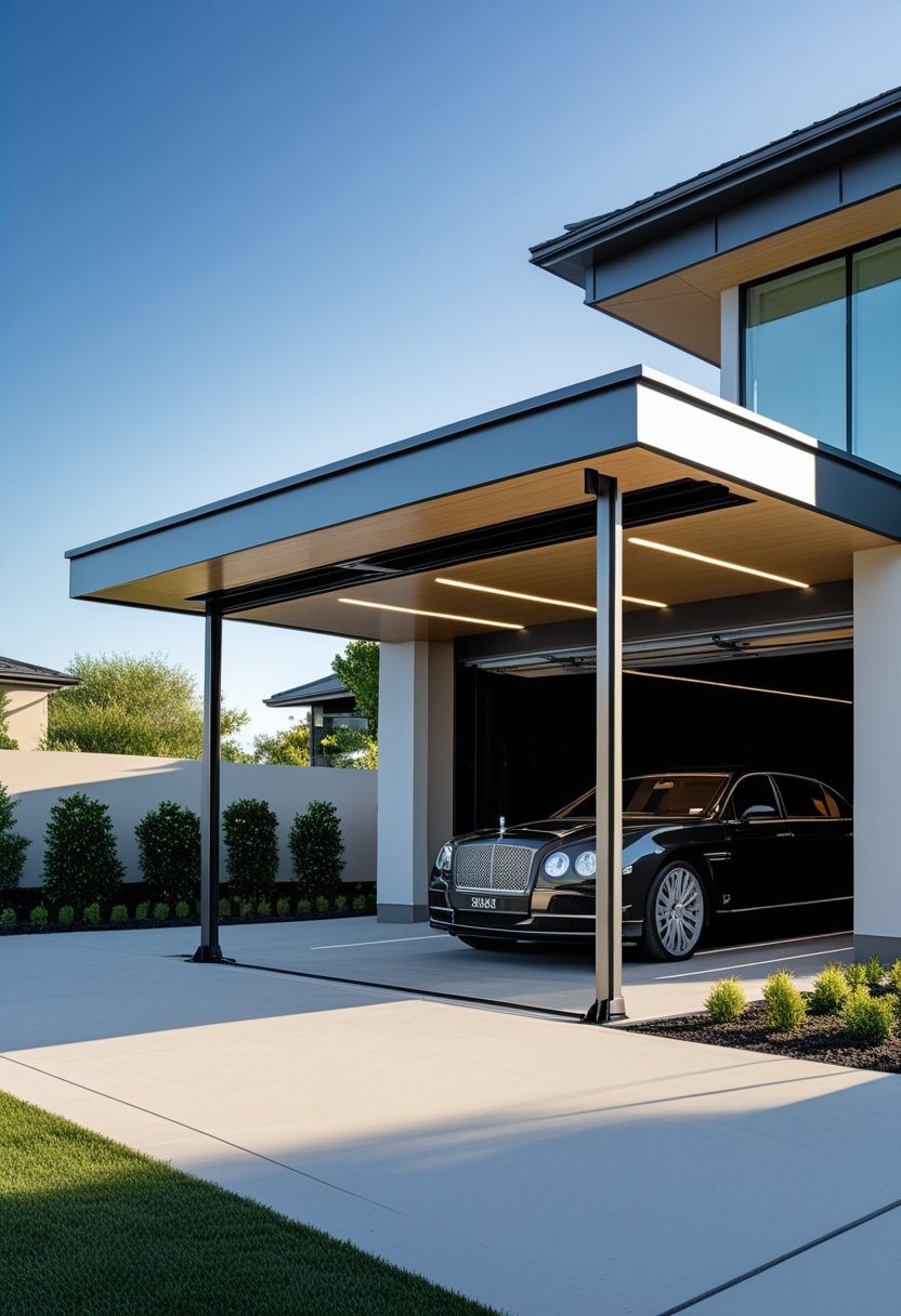 A modern carport attached to a house with a car parked underneath and surrounding greenery.