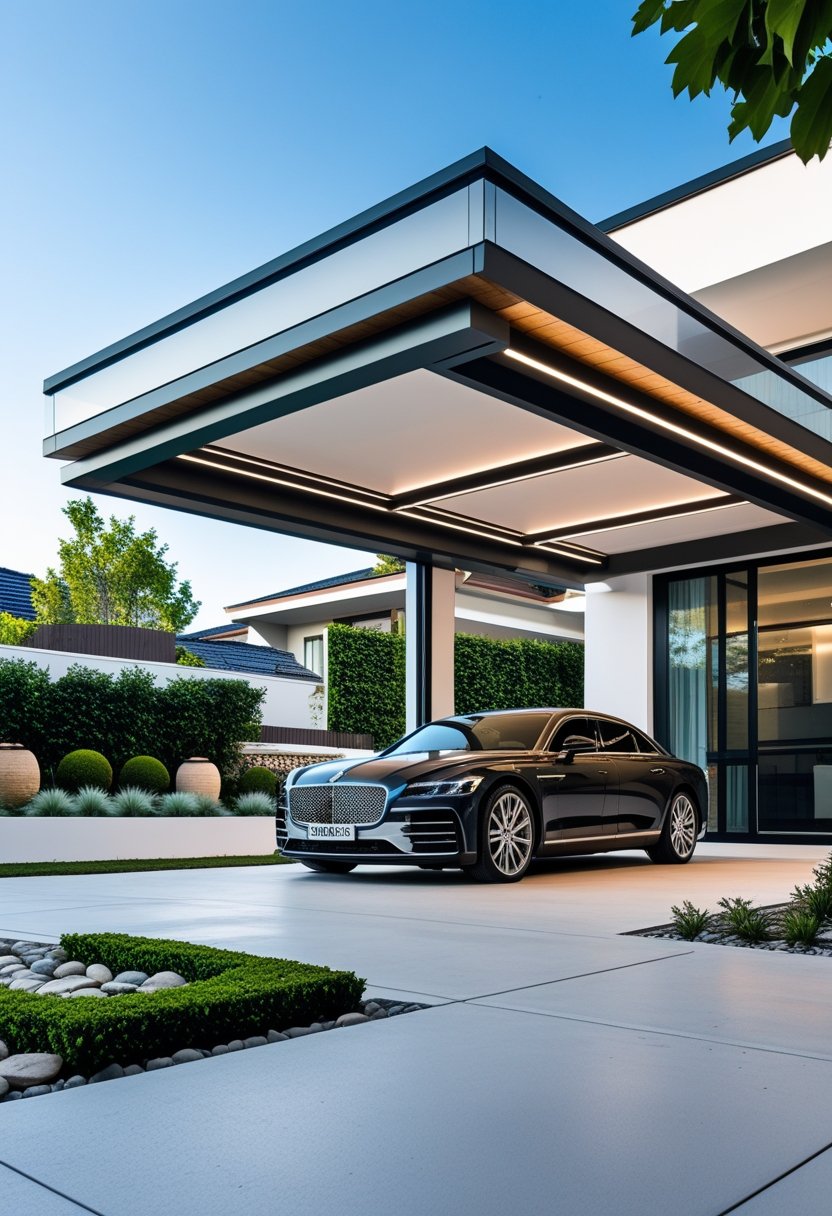 A modern carport with a luxury car parked underneath next to a contemporary house surrounded by greenery.