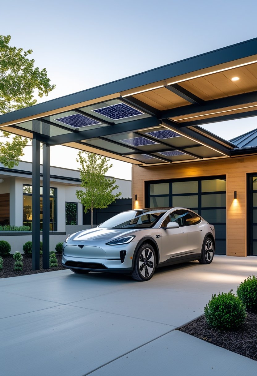 A modern carport with a luxury car parked underneath, surrounded by greenery and a contemporary house in the background.