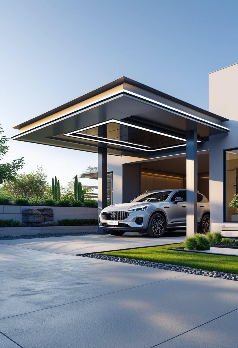 A modern carport with a sleek roof and a car parked underneath, surrounded by a driveway and greenery.