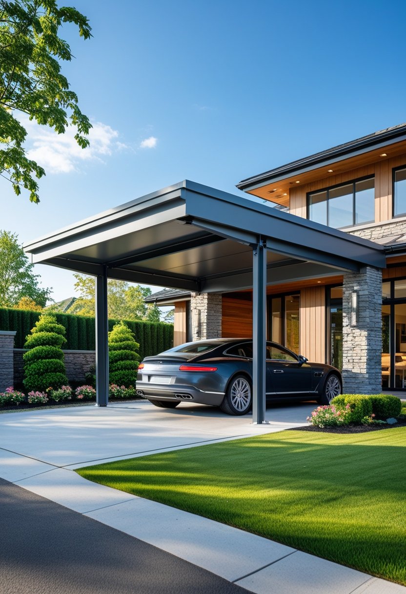 A modern carport attached to a house with a car parked underneath and landscaped greenery around.