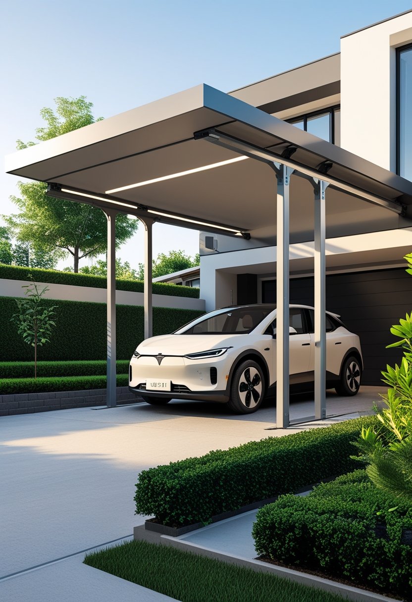 A modern carport attached to a house with a car parked underneath and surrounding greenery.