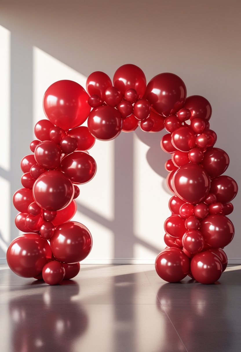 A red balloon arch backdrop made of shiny balloons arranged in a curved shape against a plain background.