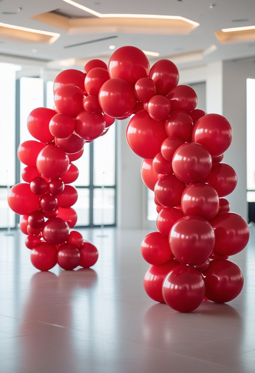 A red balloon arch arranged as a decorative backdrop in a bright indoor event space.