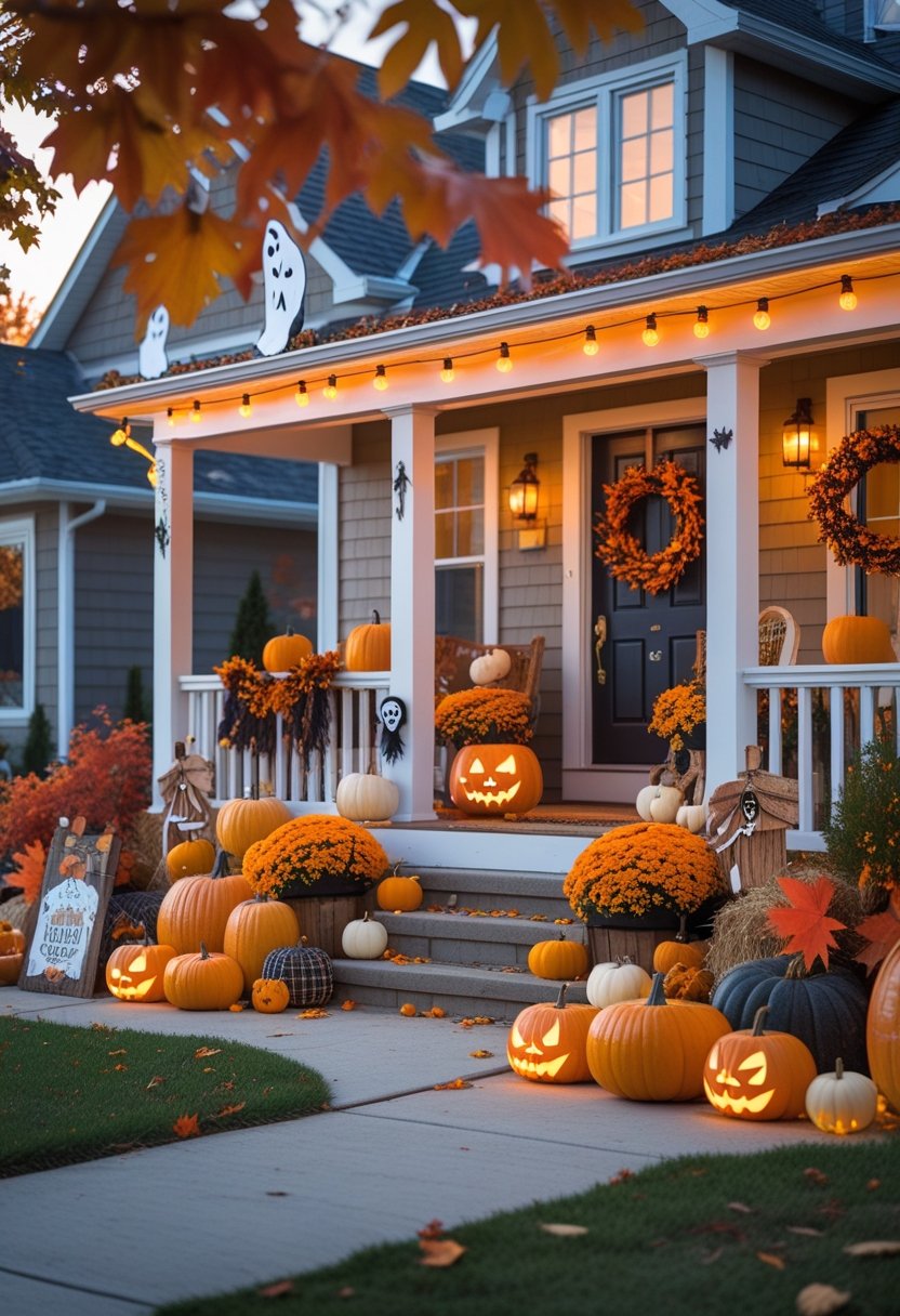 A cozy house decorated with pumpkins, fall leaves, string lights, and Halloween decorations in the front yard during late afternoon.