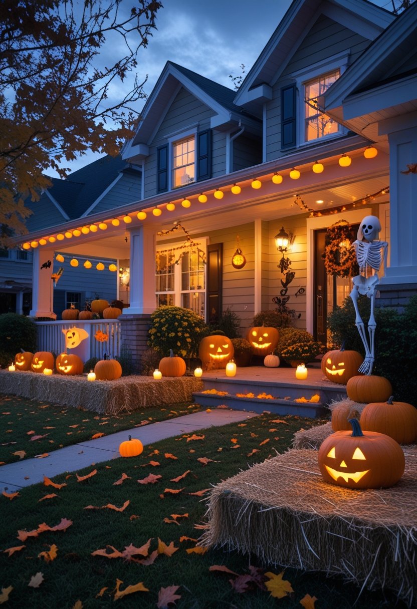 A cozy house decorated with glowing pumpkins, ghost and skeleton decorations, fall leaves, and warm orange lights at twilight.