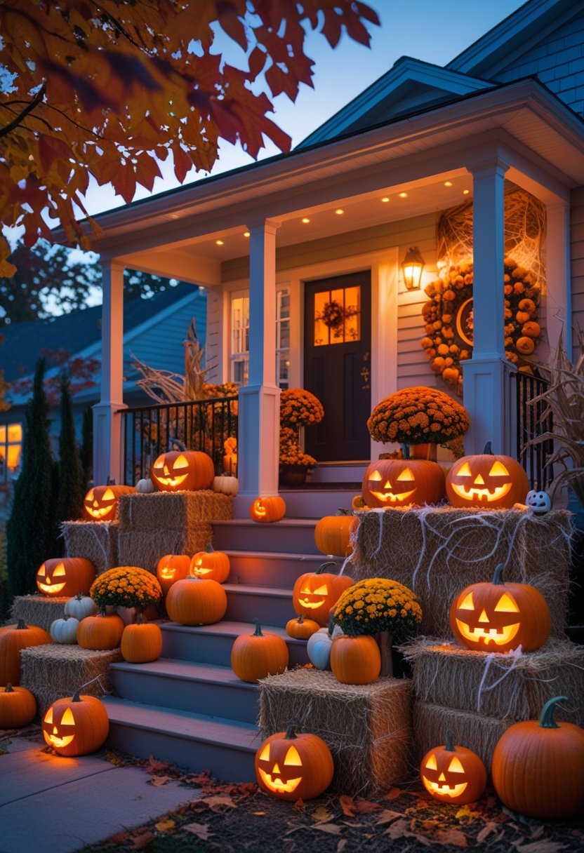 A cozy house decorated for Halloween with glowing jack-o’-lanterns, pumpkins, hay bales, and fall foliage on the porch during early evening.